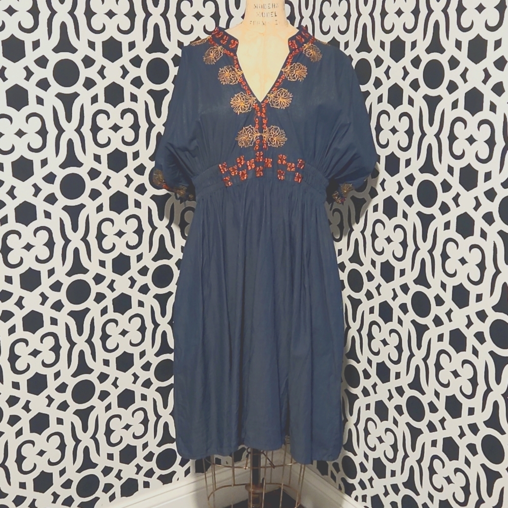 eShakti Floral Embellished Chambray Indigo Denim Dress